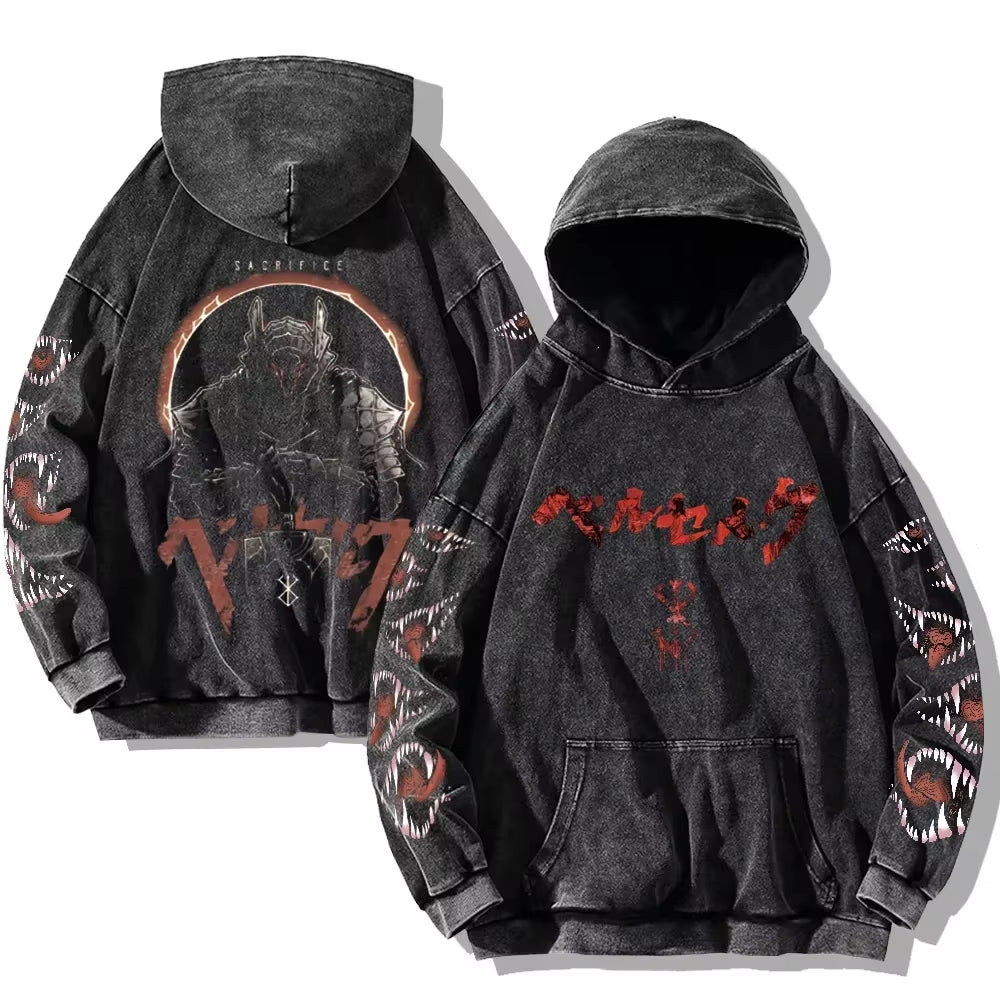 Mens Berserk Hoodies Gothic Print Vintage Washed Hoodie Hip Hop Streetwear Cotton Sweatshirts Y2K Oversized Hoodie