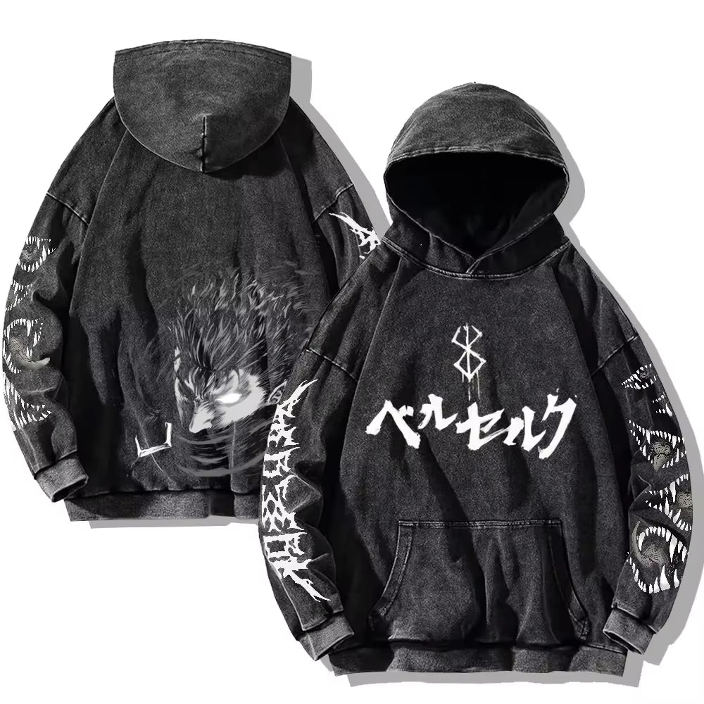 Mens Berserk Hoodies Gothic Print Vintage Washed Hoodie Hip Hop Streetwear Cotton Sweatshirts Y2K Oversized Hoodie